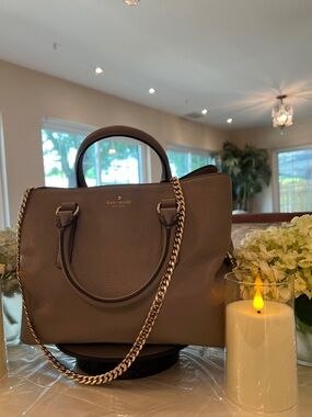 Kate Spade New York Taupe Pebbled Leather Satchel Gold Chain Shoulder Bag